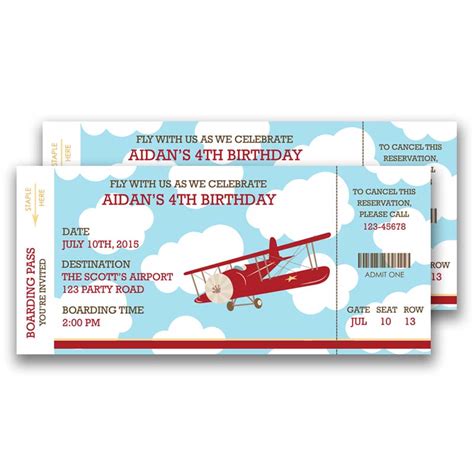 Vintage Airplane Boarding Pass Ticket Birthday Invitation Blue And Red Tweetpaperie