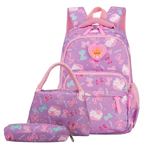 Girls School Bags Polka Dot 3pcs Backpack Kids Book Bag Lunch Bags