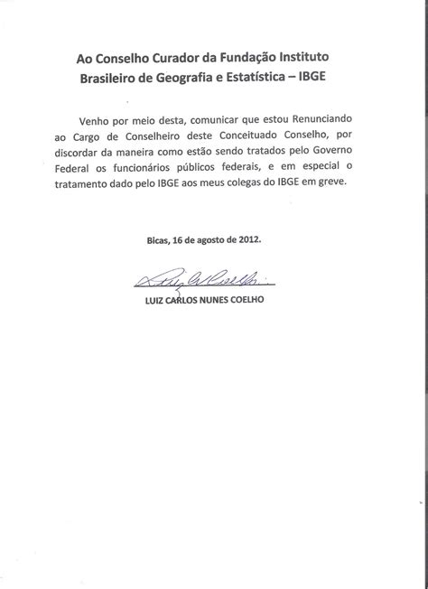 Ibge Em Greve Carta De Renúncia Do Companheiro Luiz Carlos Nunes