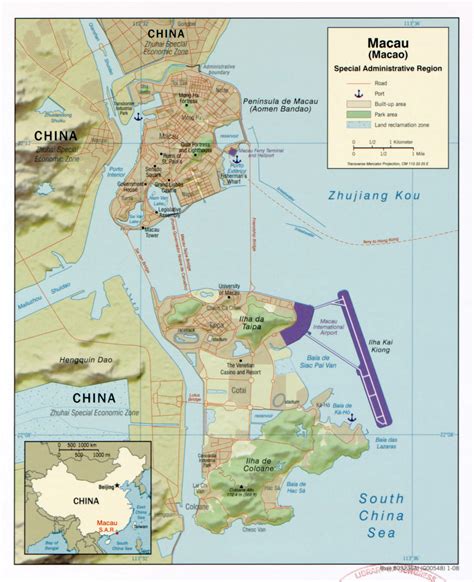 Large Detailed Political Map Of Macau With Relief Roads Ports And