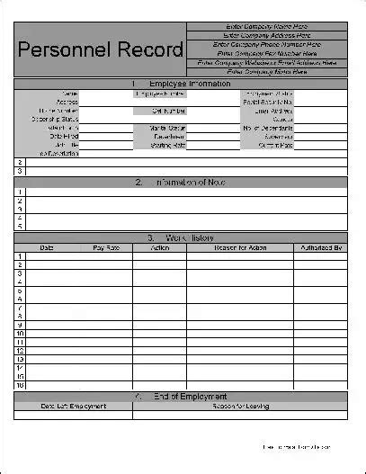 Free Personalized Numbered Row Personnel Record Form From Formville