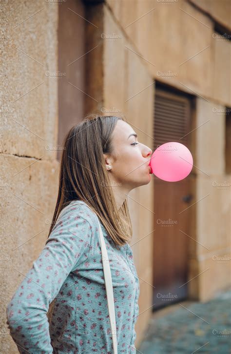 Young Teenage Girl Blowing Pink Bubble Gum ~ People Photos ~ Creative
