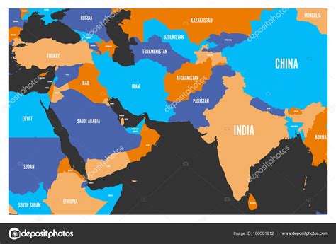 Political Map Of South Asia And Middle East Countries Simple Flat
