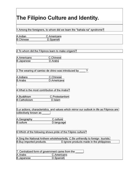 Worksheet Filipino Traits Values Beliefs And Traditions The