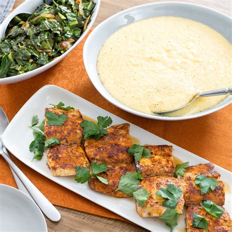 Blackened Cajun Drum With Collard Greens And Cheddar Grits Drum Fish