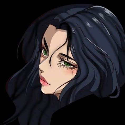 An Anime Character With Green Eyes And Black Hair Looking To The Side In Front Of A Dark Background