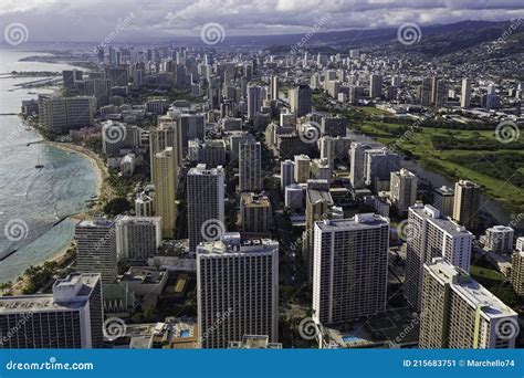 Aerial View Of Honolulu Downtown Skyline Waikiki Beach With Tall