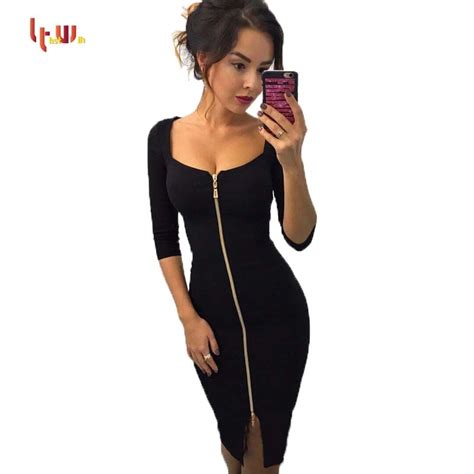 women sexy zipper dress square collar half sleeve solid zipper package hip bodycon bottoming