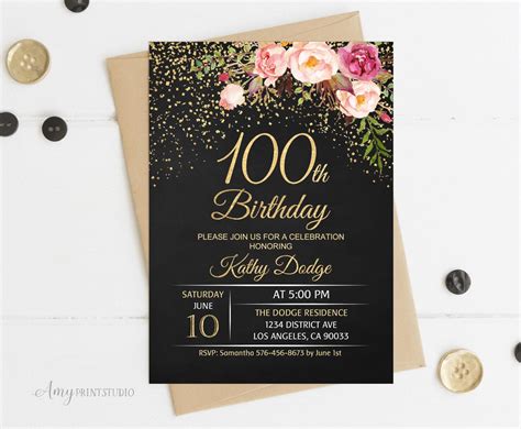 100th Birthday Invitation Floral Women Birthday Invitation Etsy