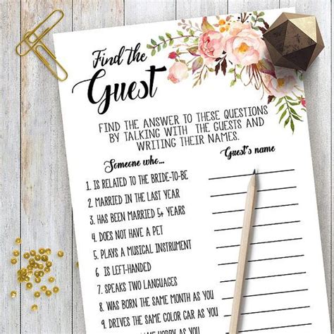 Find The Guest Game Bridal Shower Game Printable Wedding Shower Game