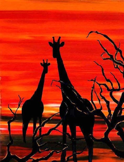 Modern Orange Sunset Wildlife Girafe Print Africa Landscape Painting