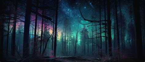 Silhouette Forest With Galaxy Background Stock Illustration