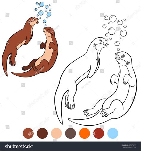 Coloring Page Two Little Cute Otters Stock Vector Royalty Free