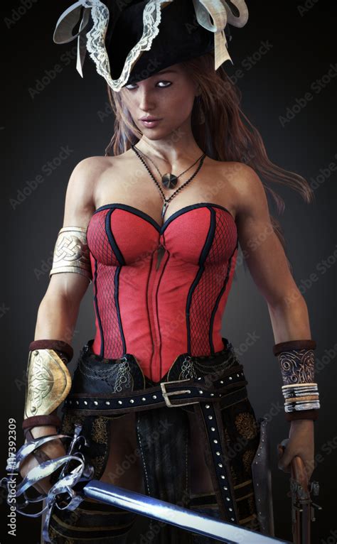Sexy Pirate Female Posing With A Cutlass Sword And Pistol On A Gradient