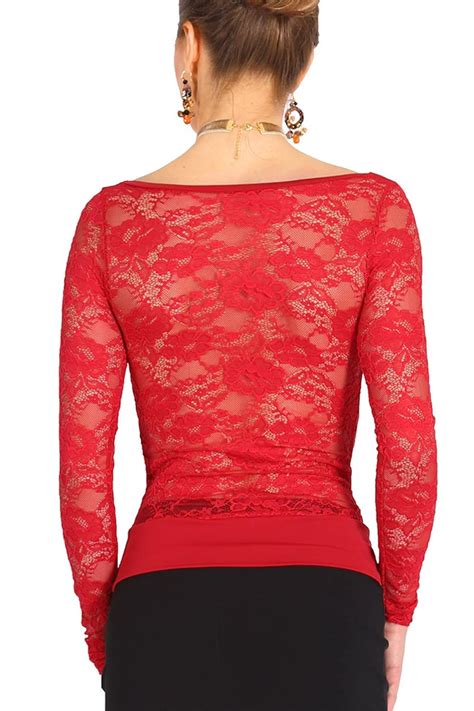 Red Lace Blouse Lace Sleeves Top Lace Back Top Sheer Top Etsy