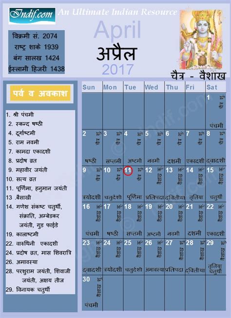 April 2017 Indian Calendar Hindu Calendar