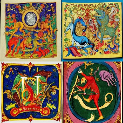 Illuminated Letter A Decorated With Mythical Creatures Stable