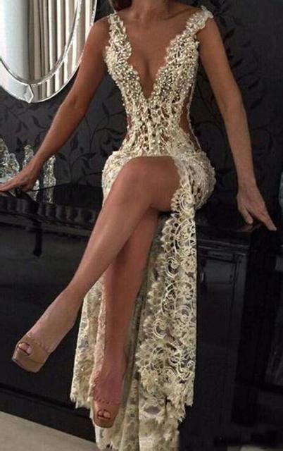 Modest Sexy Deep Plunge V Neck Mermaid Prom Dress Evening Party Gowns Full Lace Beads Crystal