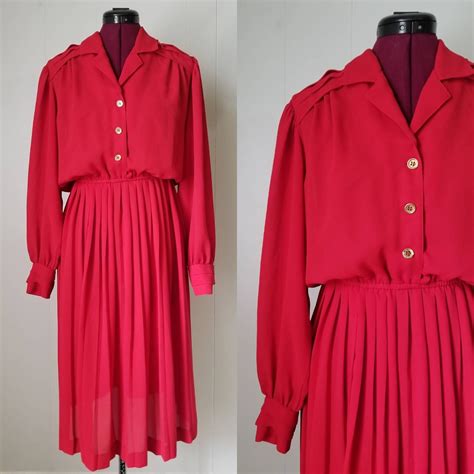 90s Ms Chaus Red Dress With Gold Buttons Pleats And Flowy Etsy