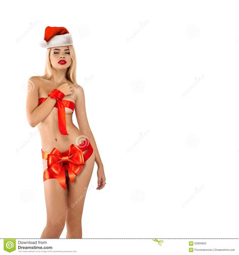 Christmas Sexual Woman With Santa Hat And Bow On Body Looking At Stock