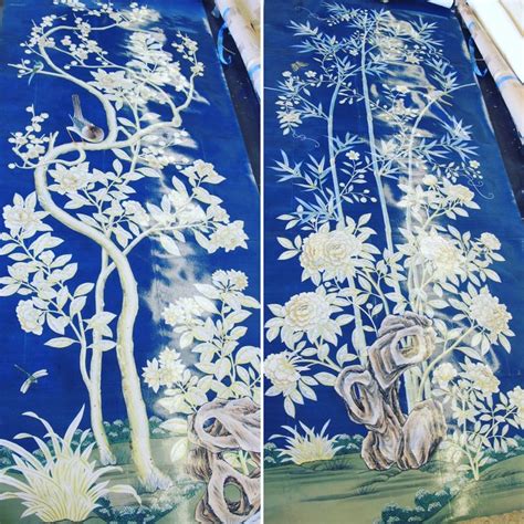 Blue Lacquered Gracie Hand Painted Wallpaper Panels Hand Painted