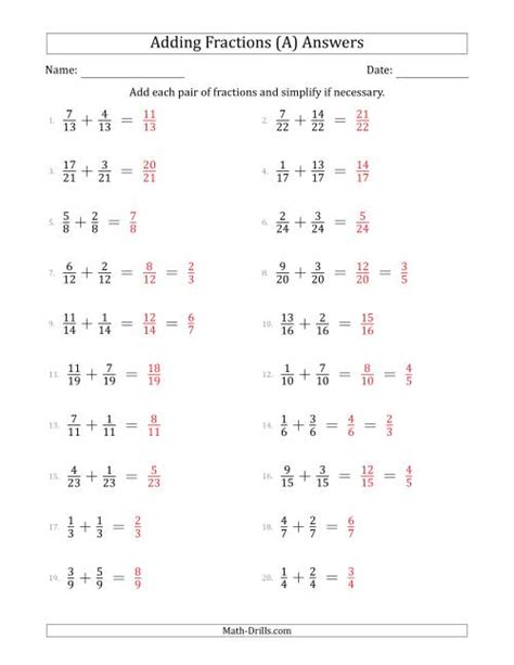 Adding Fractions With The Same Denominator Worksheet