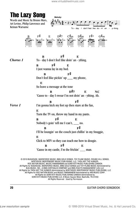 By representing finger placement on the strings and frets, tab is simple to understand almost immediately. Mars - The Lazy Song sheet music for guitar (chords) PDF