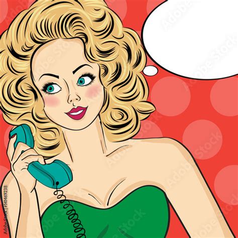 Sexy Pop Art Woman In Party Dress Talking On A Retro Phone And Smile