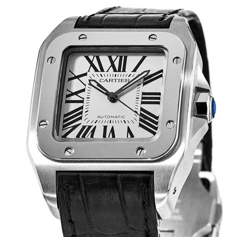 Cartier Santos 100 Automatic Midsize Silver Dial Black Leather Strap