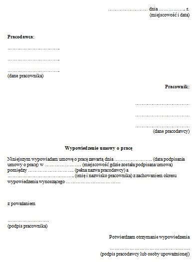 Wypowiedzenie umowy o pracę przez pracownika WZÓR PISMA Infor pl