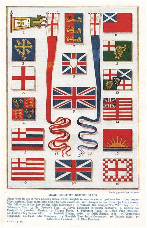 this vintage print features illustrations of a range of british flags lots of graphic red