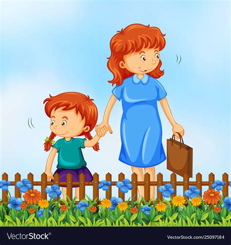Mother And Daughter At Garden Royalty Free Vector Image