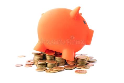 Stacking Coins Pile And White Piggy Bank For Savings With Money And