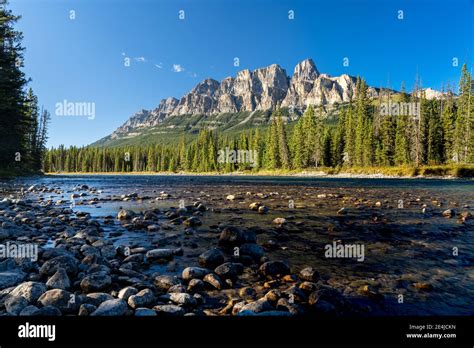 Castle Mountain And Bow River In Summer Sunny Day Castle Mountain