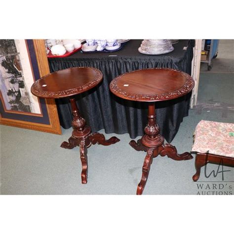 Pair Of Victorian Style Center Pedestal Mahogany Tables With Decorative
