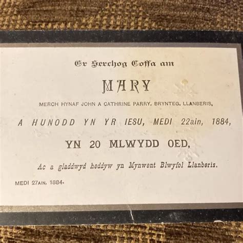 1884 Funeral Mourning Card Mary Parry Of Brynteg In Welsh 620