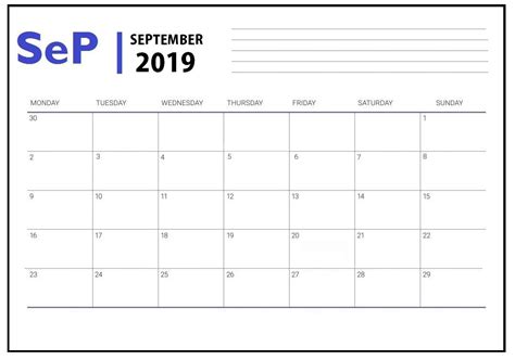 Editable September 2019 Calendar Printable Calendar Layout Blank