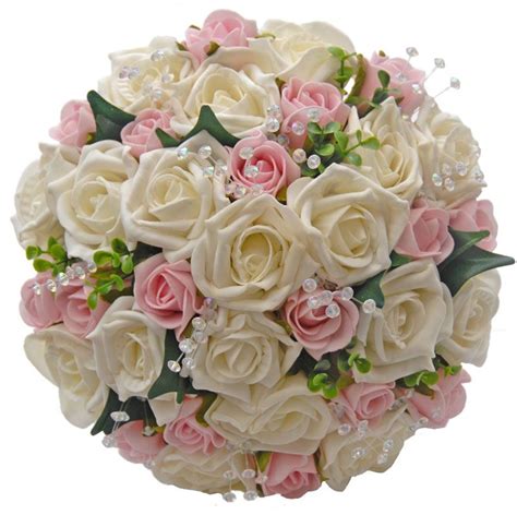 Ivory And Pink Rose Bridal Bouquet With Light Catching Crystals Silk