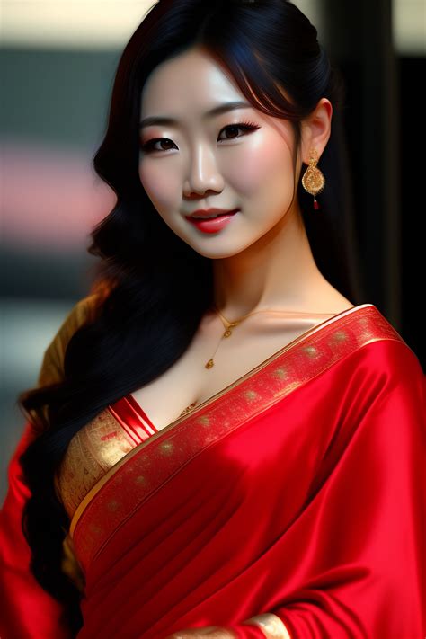Lexica Japanese Babe Anri Okita Wearing A Transparent Red Saree And