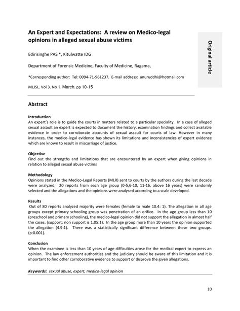 Pdf An Expert And Expectations A Review On Medico Legal Opinions In Alleged Sexual Abuse Victims