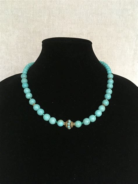 Turquoise Magnesite Beaded Necklace With Tibetan Bead One Of Etsy