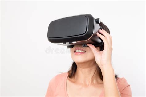 Woman Feeling Scary Of Watching Movie With Virtual Reality Devic Stock