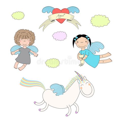 Cute Angels And Unicorn Illustration Stock Vector Illustration Of