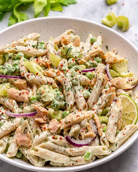 Distribute pasta amongst 4 plates and top with sauce; Healthy Tuna Pasta Salad - Recipe