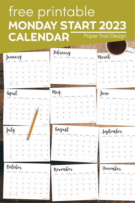 Free Printable 2023 Calendar Monday Start Paper Trail Design
