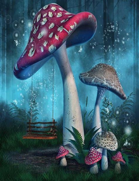 Fantasy Mushrooms With Fairy Swing In Forest Photography Backdrop J 03