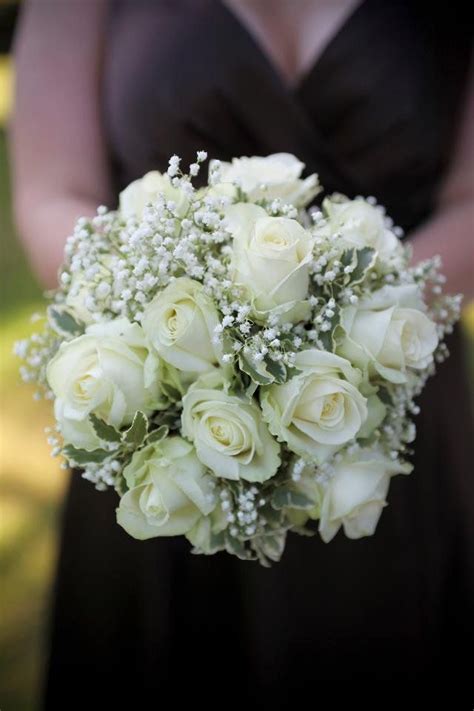 Round Wedding Bouquet Ivory Roses White Gypsophila Green Ivy Rose