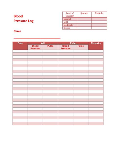 Printable Blood Pressure Log Template Printable Templates