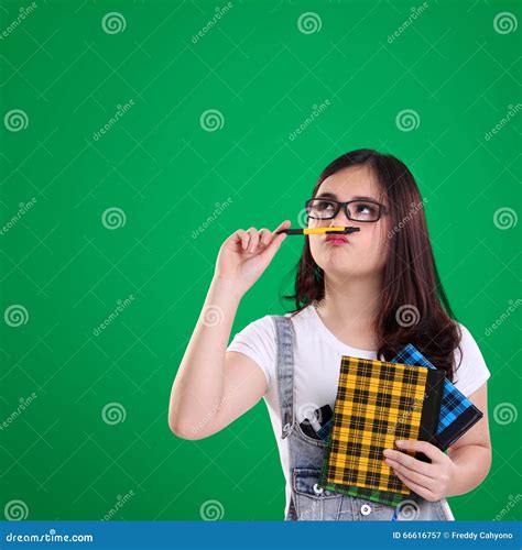 Cute Nerdy Girl Look At The Top Of Green Background Stock Image Image