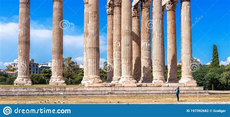 Zeus Temple In Summer Athens Greece Tourist Look At Majestic Ancient